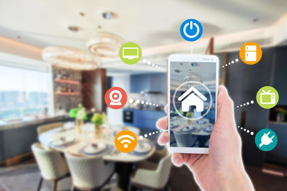 Smart home controls on a mobile phone in a living room