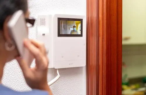 IP video door phone intercom at a building entrance
